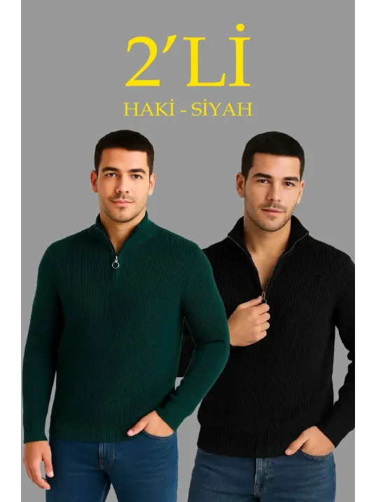Erkek Fitilli Triko Kazak 2’li Set – Siyah & Haki Kalın Dokuma Pamuklu Regular Fit V Yaka Fermuarlı Uzun Kollu Rahat Kışlık Kazak Kombini Erkek Fitilli Triko Kazak 2’li Set – Siyah & Haki Kalın Dokuma Pamuklu Regular Fit V Yaka Fermuarlı Uzun Kollu Rahat Kışlık Kazak Kombini
