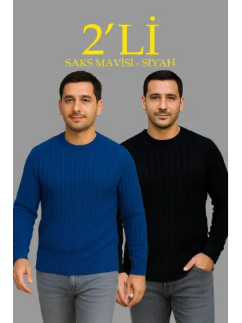 Erkek Fitilli Triko Kazak 2’li Set – Siyah & Saks Mavisi, Kalın Dokuma Pamuklu Regular Fit Bisiklet Yaka Uzun Kollu Rahat Kışlık Kazak Kombini