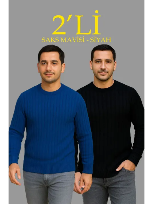 Erkek Fitilli Triko Kazak 2’li Set – Siyah & Saks Mavisi, Kalın Dokuma Pamuklu Regular Fit Bisiklet Yaka Uzun Kollu Rahat Kışlık Kazak Kombini Erkek Fitilli Triko Kazak 2’li Set – Siyah & Saks Mavisi, Kalın Dokuma Pamuklu Regular Fit Bisiklet Yaka Uzun Kollu Rahat Kışlık Kazak Kombini