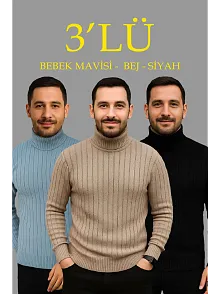 Erkek Fitilli Triko Kazak 3'lü Set Bebek Mavisi Bej Siyah Regular Balıkcı Yaka Tam Boğazlı Triko Seti Modeli Kazak