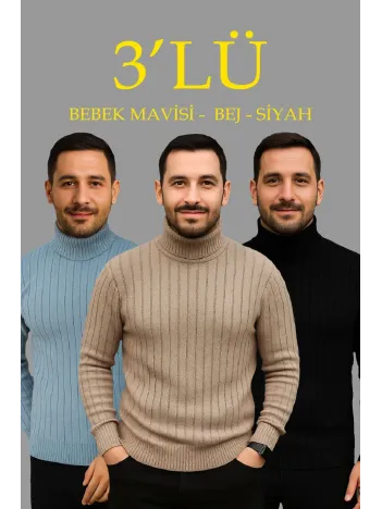 Erkek Fitilli Triko Kazak 3'lÜ Set Bebek Mavisi Bej Siyah Regular Balıkcı Yaka Tam Boğazlı Triko Seti Modeli Kazak