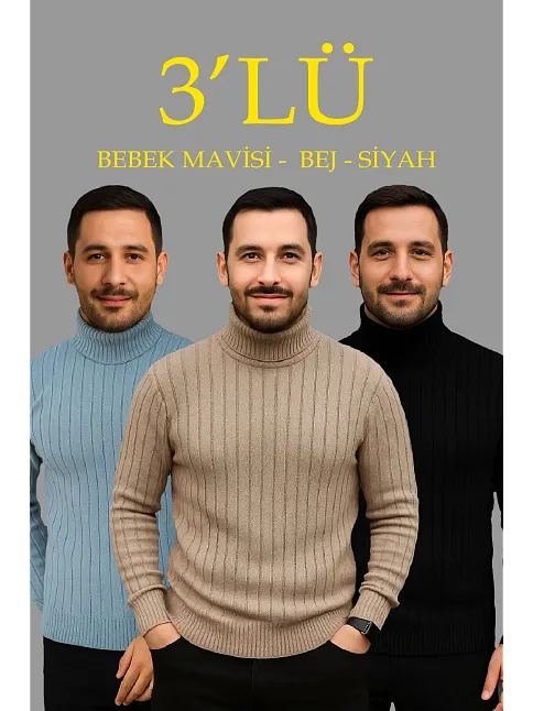 Erkek Fitilli Triko Kazak 3'lü Set Bebek Mavisi Bej Siyah Regular Balıkcı Yaka Tam Boğazlı Triko Seti Modeli Kazak