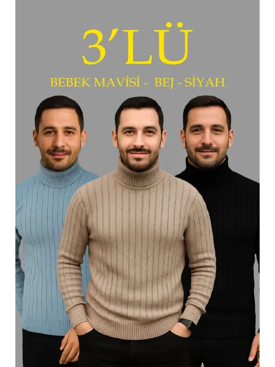 Erkek Fitilli Triko Kazak 3'lÜ Set Bebek Mavisi Bej Siyah Regular Balıkcı Yaka Tam Boğazlı Triko Seti Modeli Kazak