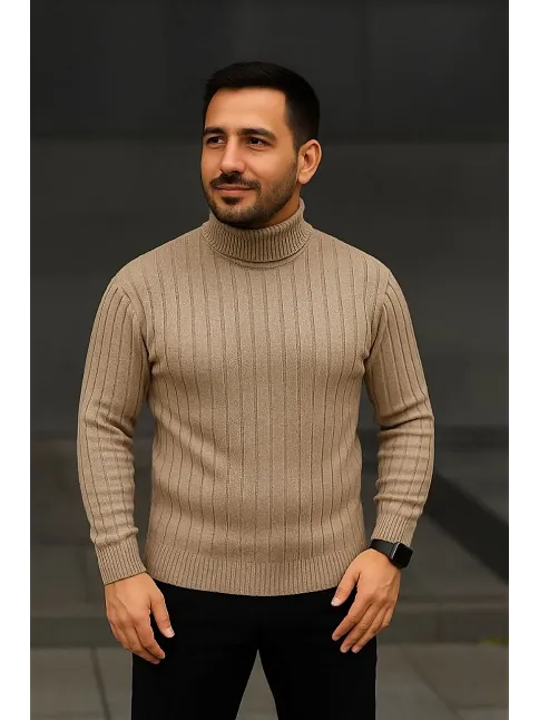Erkek Fitilli Triko Kazak 3'lü Set Bebek Mavisi Bej Siyah Regular Balıkcı Yaka Tam Boğazlı Triko Seti Modeli Kazak