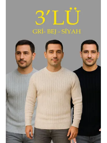 Erkek Fitilli Triko Kazak 3'lü Set Bej Gri Siyah Regular Fit Bisiklet Yaka Triko Seti Kazak Modeli