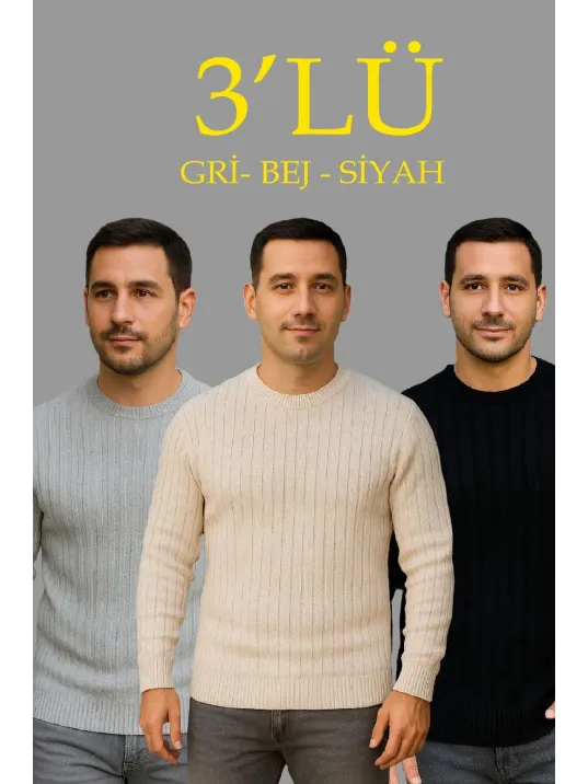 Erkek Fitilli Triko Kazak 3'lü Set Bej Gri Siyah Regular Fit Bisiklet Yaka Triko Seti Kazak Modeli Erkek Fitilli Triko Kazak 3'lü Set Bej Gri Siyah Regular Fit Bisiklet Yaka Triko Seti Kazak Modeli