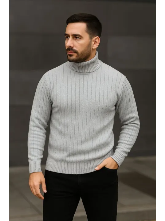 Erkek Fitilli Triko Kazak 3'lÜ Set Gri Haki Siyah Regular Balıkcı Yaka Tam Boğazlı Triko Seti Modeli Kazak