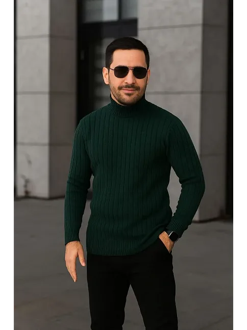 Erkek Fitilli Triko Kazak 3'lü Set Bej Haki Siyah Regular Balıkcı Yaka Tam Boğazlı Triko Seti Modeli Kazak