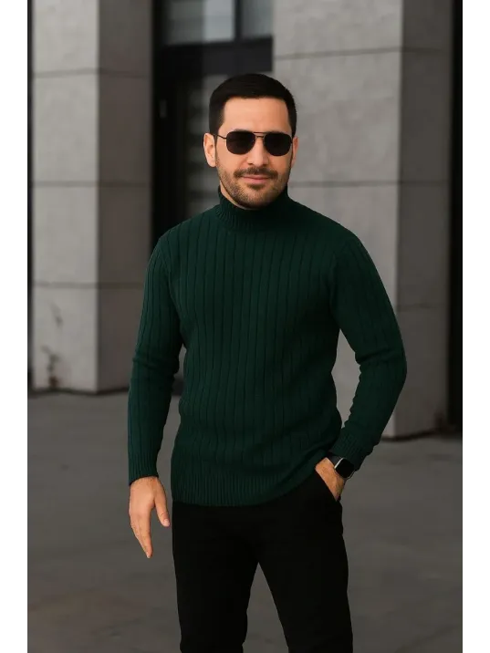 Erkek Fitilli Triko Kazak 3'lÜ Set Gri Haki Siyah Regular Balıkcı Yaka Tam Boğazlı Triko Seti Modeli Kazak