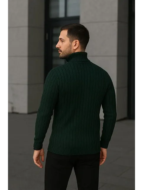 Erkek Fitilli Triko Kazak 3'lü Set Bej Haki Siyah Regular Balıkcı Yaka Tam Boğazlı Triko Seti Modeli Kazak