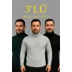 Erkek Fitilli Triko Kazak 3'lÜ Set Gri Haki Siyah Regular Balıkcı Yaka Tam Boğazlı Triko Seti Modeli Kazak
