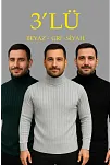 Erkek Fitilli Triko Kazak 3'lü Set Gri Haki Siyah Regular Balıkcı Yaka Tam Boğazlı Triko Seti Modeli Kazak