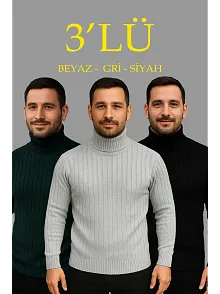 Erkek Fitilli Triko Kazak 3'lü Set Gri Haki Siyah Regular Balıkcı Yaka Tam Boğazlı Triko Seti Modeli Kazak