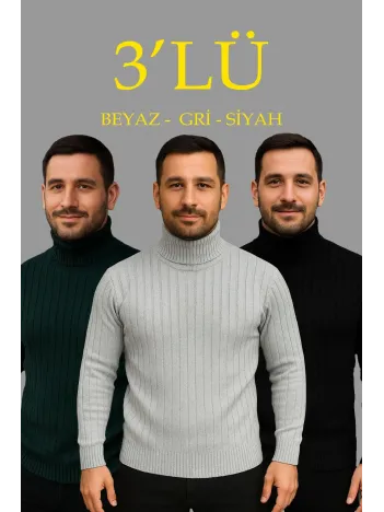 Erkek Fitilli Triko Kazak 3'lÜ Set Gri Haki Siyah Regular Balıkcı Yaka Tam Boğazlı Triko Seti Modeli Kazak
