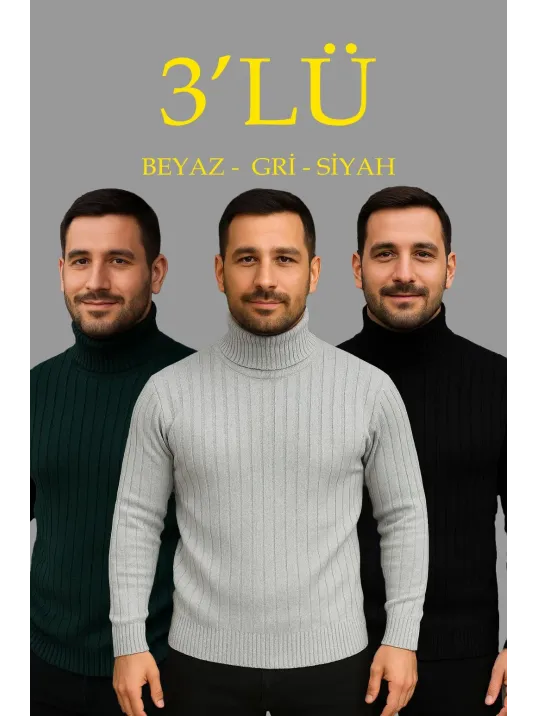 Erkek Fitilli Triko Kazak 3'lÜ Set Gri Haki Siyah Regular Balıkcı Yaka Tam Boğazlı Triko Seti Modeli Kazak