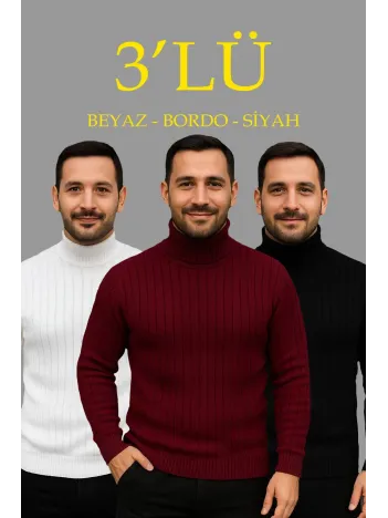 Erkek Fitilli Triko Kazak 3'lÜ Set Beyaz Bordo Siyah Regular Balıkcı Yaka Tam Boğazlı Triko Seti Modeli Kazak