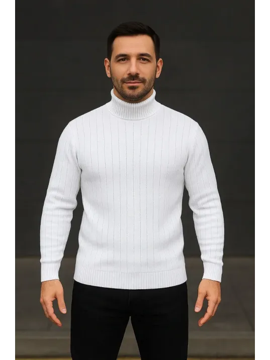 Erkek Fitilli Triko Kazak 3'lÜ Set Beyaz Bordo Siyah Regular Balıkcı Yaka Tam Boğazlı Triko Seti Modeli Kazak