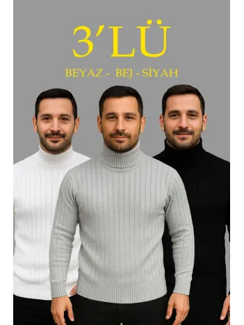 Erkek Fitilli Triko Kazak 3'lÜ Set Beyaz Gri Siyah Regular Balıkcı Yaka Tam Boğazlı Triko Seti Modeli Kazak