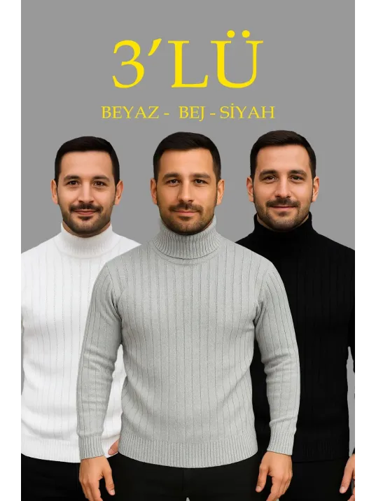 Erkek Fitilli Triko Kazak 3'lÜ Set Beyaz Gri Siyah Regular Balıkcı Yaka Tam Boğazlı Triko Seti Modeli Kazak Erkek Fitilli Triko Kazak 3'lÜ Set Beyaz Gri Siyah Regular Balıkcı Yaka Tam Boğazlı Triko Seti Modeli Kazak