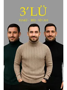 Erkek Fitilli Triko Kazak 3'lü Set Bej Haki Siyah Regular Balıkcı Yaka Tam Boğazlı Triko Seti Modeli Kazak