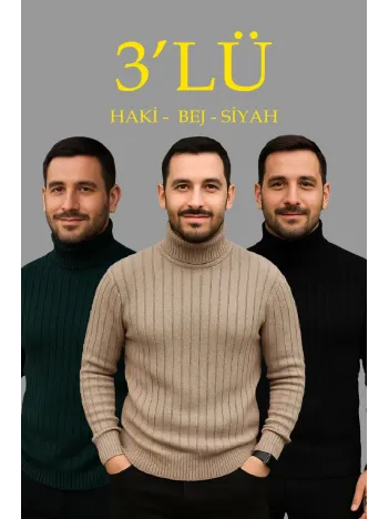 Erkek Fitilli Triko Kazak 3'lÜ Set Bej Haki Siyah Regular Balıkcı Yaka Tam Boğazlı Triko Seti Modeli Kazak