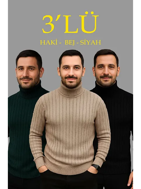 Erkek Fitilli Triko Kazak 3'lü Set Bej Haki Siyah Regular Balıkcı Yaka Tam Boğazlı Triko Seti Modeli Kazak