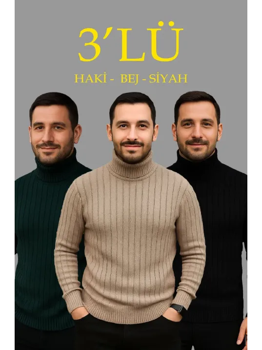 Erkek Fitilli Triko Kazak 3'lÜ Set Bej Haki Siyah Regular Balıkcı Yaka Tam Boğazlı Triko Seti Modeli Kazak