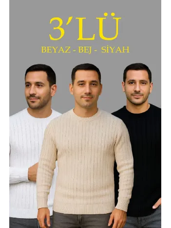 Erkek Fitilli Triko Kazak 3’lü Set – Bej, Beyaz, Siyah | Kalın Dokuma Pamuklu Regular Fit Bisiklet Yaka Uzun Kollu Kışlık Ve Baharlık Rahat Triko Kombini