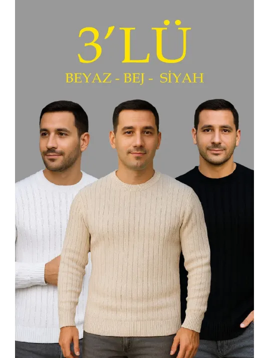 Erkek Fitilli Triko Kazak 3’lü Set – Bej, Beyaz, Siyah | Kalın Dokuma Pamuklu Regular Fit Bisiklet Yaka Uzun Kollu Kışlık Ve Baharlık Rahat Triko Kombini