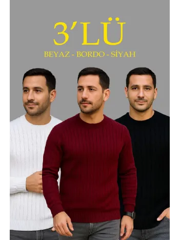 Erkek Fitilli Triko Kazak 3’lü Set – Beyaz, Bordo, Siyah | Kalın Dokuma Pamuklu Regular Fit Bisiklet Yaka Uzun Kollu Kışlık ve Baharlık Rahat Triko Kombini