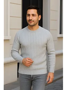 Erkek Fitilli Triko Kazak 3'lü Set Beyaz Gri Siyah Regular Fit Bisiklet Yaka Triko Seti