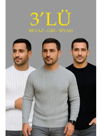 Erkek Fitilli Triko Kazak 3’lü Set – Beyaz, Gri, Siyah | Kalın Dokuma Pamuklu Regular Fit Bisiklet Yaka Uzun Kollu Kışlık ve Baharlık Rahat Triko Kombini