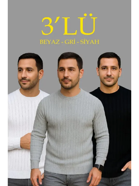 Erkek Fitilli Triko Kazak 3’lü Set – Beyaz, Gri, Siyah | Kalın Dokuma Pamuklu Regular Fit Bisiklet Yaka Uzun Kollu Kışlık ve Baharlık Rahat Triko Kombini Erkek Fitilli Triko Kazak 3’lü Set – Beyaz, Gri, Siyah | Kalın Dokuma Pamuklu Regular Fit Bisiklet Yaka Uzun Kollu Kışlık ve Baharlık Rahat Triko Kombini