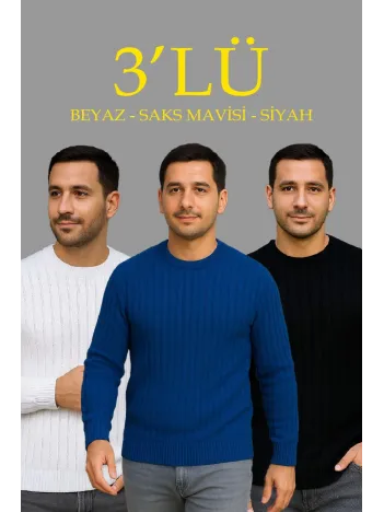 Erkek Fitilli Triko Kazak 3’lü Set – Beyaz, Saks Mavisi, Siyah | Kalın Dokuma Pamuklu Regular Fit Bisiklet Yaka Uzun Kollu Kışlık ve Baharlık Rahat Triko Kombini