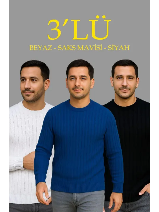 Erkek Fitilli Triko Kazak 3’lü Set – Beyaz, Saks Mavisi, Siyah | Kalın Dokuma Pamuklu Regular Fit Bisiklet Yaka Uzun Kollu Kışlık ve Baharlık Rahat Triko Kombini Erkek Fitilli Triko Kazak 3’lü Set – Beyaz, Saks Mavisi, Siyah | Kalın Dokuma Pamuklu Regular Fit Bisiklet Yaka Uzun Kollu Kışlık ve Baharlık Rahat Triko Kombini