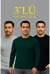 Erkek Fitilli Triko Kazak 3'lü Set Gri Haki Siyah Regular Fit Bisiklet Yaka Triko Seti Modeli Kazak