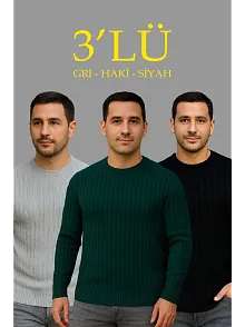 Erkek Fitilli Triko Kazak 3'lü Set Gri Haki Siyah Regular Fit Bisiklet Yaka Triko Seti Modeli Kazak