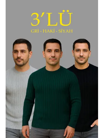 Erkek Fitilli Triko Kazak 3’lü Set – Gri, Haki, Siyah | Kalın Dokuma Pamuklu Regular Fit Bisiklet Yaka Uzun Kollu Kışlık ve Baharlık Rahat Triko Kombini