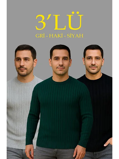 Erkek Fitilli Triko Kazak 3'lü Set Gri Haki Siyah Regular Fit Bisiklet Yaka Triko Seti Modeli Kazak