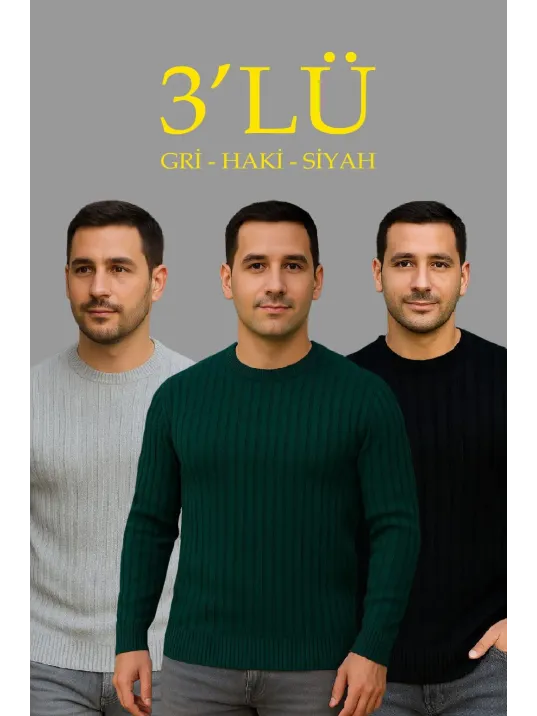 Erkek Fitilli Triko Kazak 3’lü Set – Gri, Haki, Siyah | Kalın Dokuma Pamuklu Regular Fit Bisiklet Yaka Uzun Kollu Kışlık ve Baharlık Rahat Triko Kombini Erkek Fitilli Triko Kazak 3’lü Set – Gri, Haki, Siyah | Kalın Dokuma Pamuklu Regular Fit Bisiklet Yaka Uzun Kollu Kışlık ve Baharlık Rahat Triko Kombini