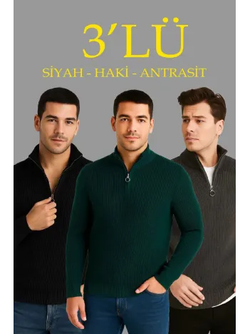 Erkek Fitilli Triko Kazak 3’lü Set – Haki, Siyah, Antrasit Kalın Dokuma Pamuklu Regular Fit V Yaka Fermuarlı Uzun Kollu Rahat Kışlık Kazak Kombini