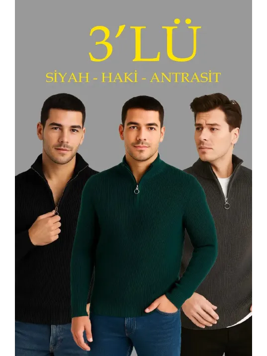Erkek Fitilli Triko Kazak 3’lü Set – Haki, Siyah, Antrasit Kalın Dokuma Pamuklu Regular Fit V Yaka Fermuarlı Uzun Kollu Rahat Kışlık Kazak Kombini