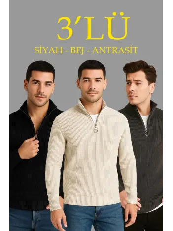 Erkek Fitilli Triko Kazak 3’lü Set – Antrasit, Siyah, Bej Kalın Dokuma Pamuklu Regular Fit V Yaka Fermuarlı Uzun Kollu Rahat Kışlık Kazak Kombini