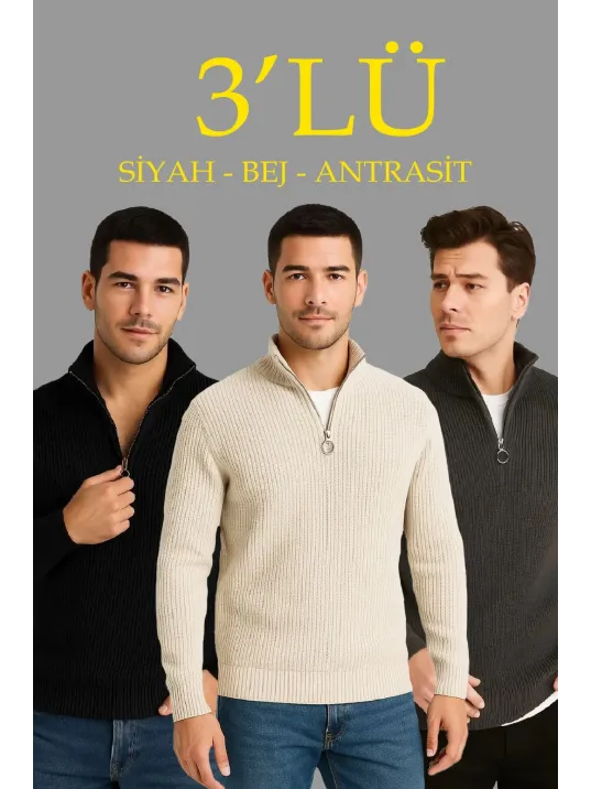 Erkek Fitilli Triko Kazak 3’lü Set – Antrasit, Siyah, Bej Kalın Dokuma Pamuklu Regular Fit V Yaka Fermuarlı Uzun Kollu Rahat Kışlık Kazak Kombini