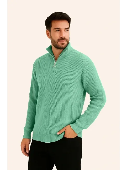 Erkek Fitilli Triko Kazak 3’lü Set – Mint Yeşili, Siyah, Bej Kalın Dokuma Pamuklu Regular Fit V Yaka Fermuarlı Uzun Kollu Rahat Kışlık Kazak Kombini