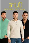 Erkek Fitilli Triko Kazak 3’lü Set – Mint Yeşili, Siyah, Bej Kalın Dokuma Pamuklu Regular Fit V Yaka Fermuarlı Uzun Kollu Rahat Kışlık Kazak Kombini