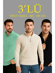 Erkek Fitilli Triko Kazak 3’lü Set – Mint Yeşili, Siyah, Bej Kalın Dokuma Pamuklu Regular Fit V Yaka Fermuarlı Uzun Kollu Rahat Kışlık Kazak Kombini
