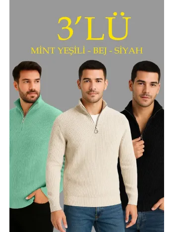 Erkek Fitilli Triko Kazak 3’lü Set – Mint Yeşili, Siyah, Bej Kalın Dokuma Pamuklu Regular Fit V Yaka Fermuarlı Uzun Kollu Rahat Kışlık Kazak Kombini