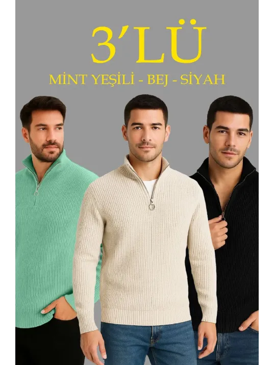 Erkek Fitilli Triko Kazak 3’lü Set – Mint Yeşili, Siyah, Bej Kalın Dokuma Pamuklu Regular Fit V Yaka Fermuarlı Uzun Kollu Rahat Kışlık Kazak Kombini