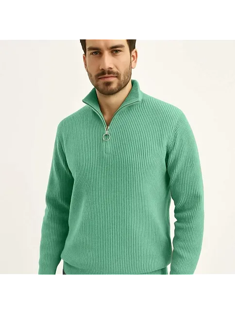 Erkek Fitilli Triko Kazak 3’lü Set – Mint Yeşili, Siyah, Bej Kalın Dokuma Pamuklu Regular Fit V Yaka Fermuarlı Uzun Kollu Rahat Kışlık Kazak Kombini